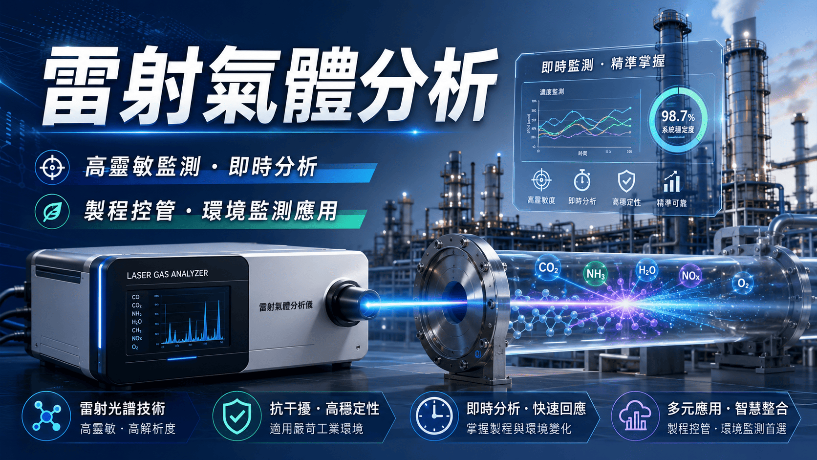 雷射氣體分析是一種利用雷射光吸收特性進行氣體濃度量測的技術,常見於工業製程、燃燒控制