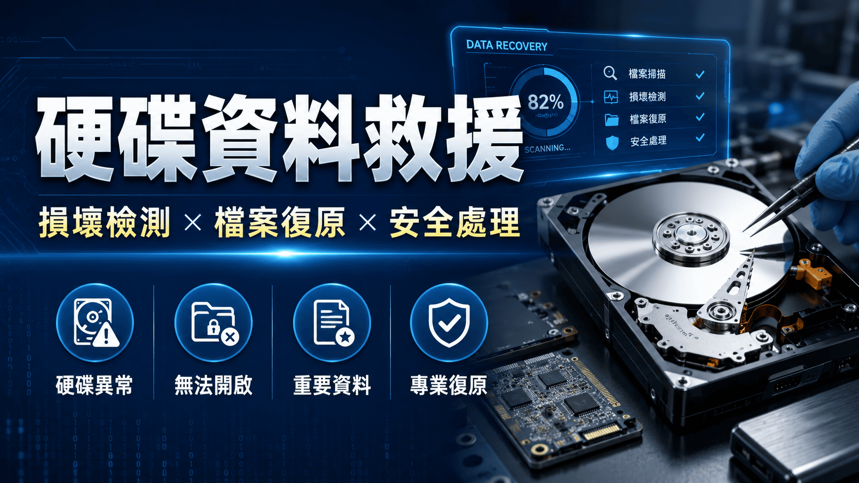 硬碟資料救援是當硬碟讀不到、誤刪、格式化,讓專業人員來進行處理的恢復工作