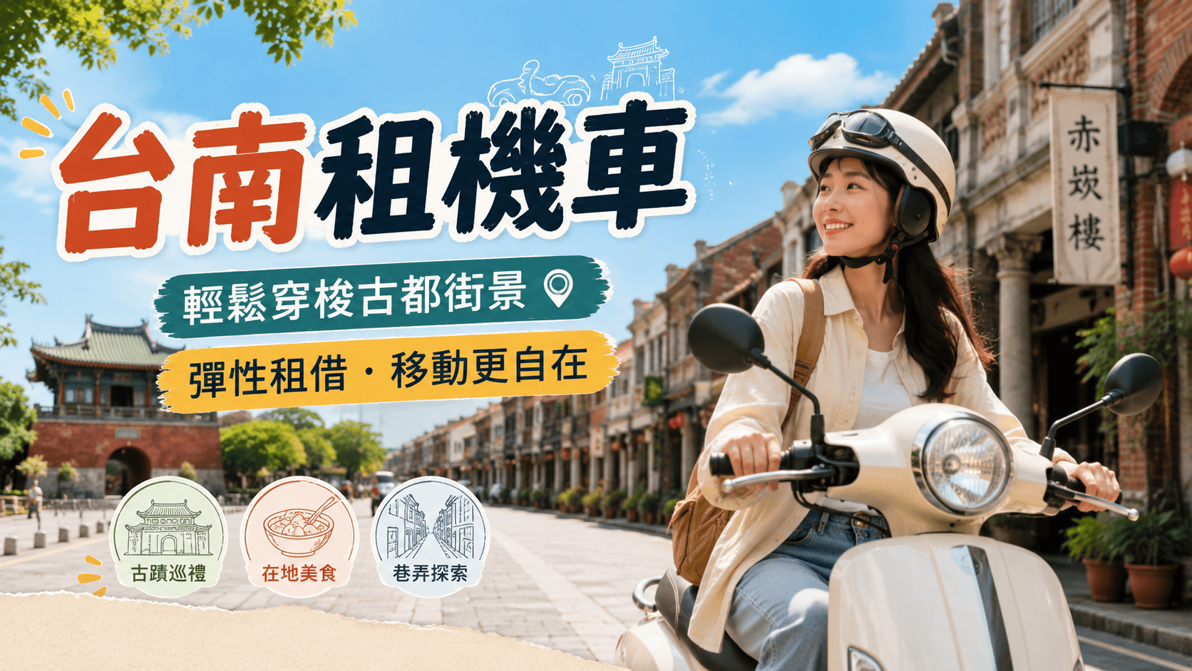 台南租機車是自由行旅客常見的交通選擇。台南景點分散,從火車站、市區老街、安平、四草到奇美博物館,不少地方騎機車會比等公車或叫車更有彈性。