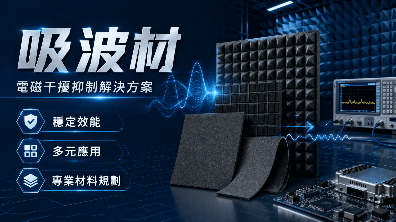 吸波材是用來吸收、衰減或降低電磁波能量的材料,常見於 EMI 電磁干擾管理、通訊設備、車用電子、醫療設備、軍工航太與高頻電子產品中。
