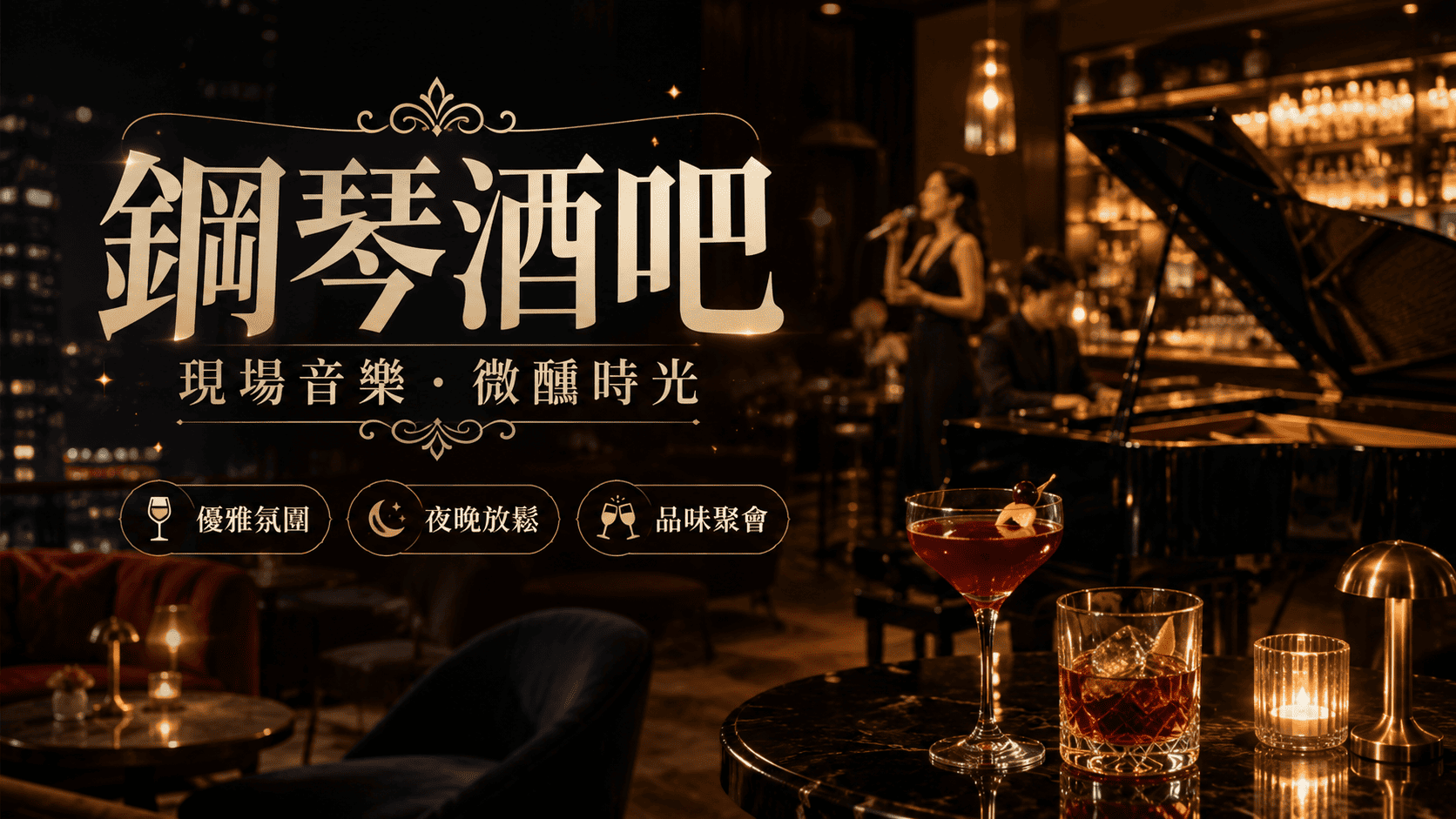 鋼琴酒吧通常以開放式或半開放式空間為主,現場可能安排鋼琴演奏、唱歌與社交互動。