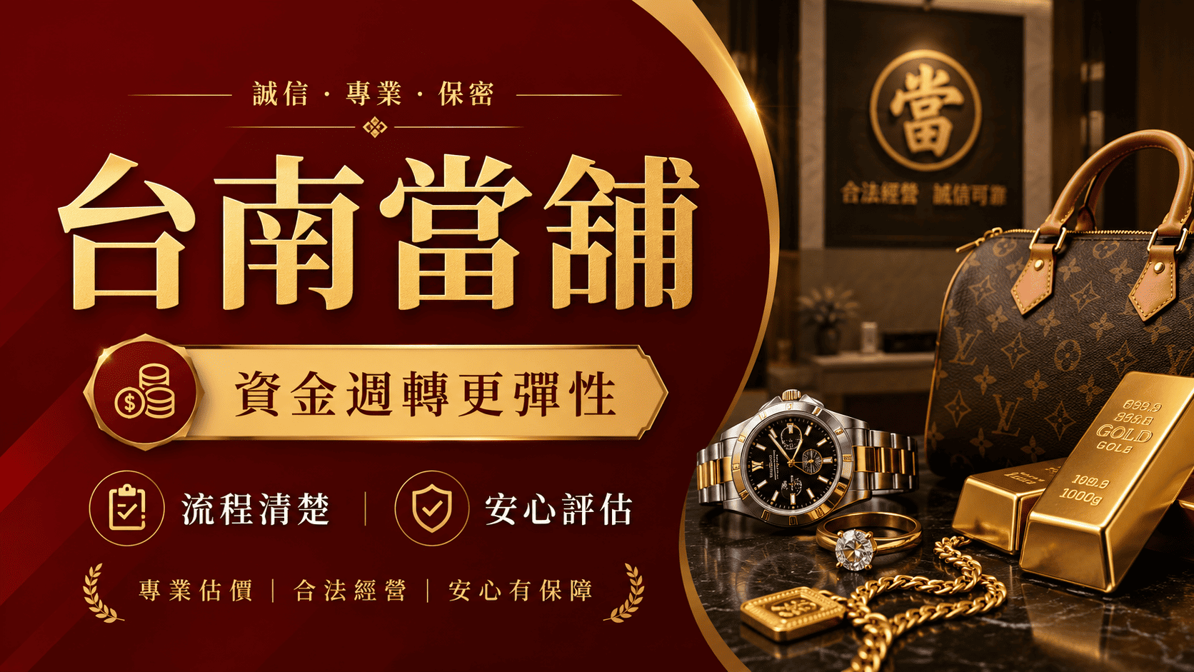 台南當舖借款是短期資金週轉的一種方式,常見典當項目包含汽車、機車、黃金、珠寶、名錶、精品與部分3C產品。