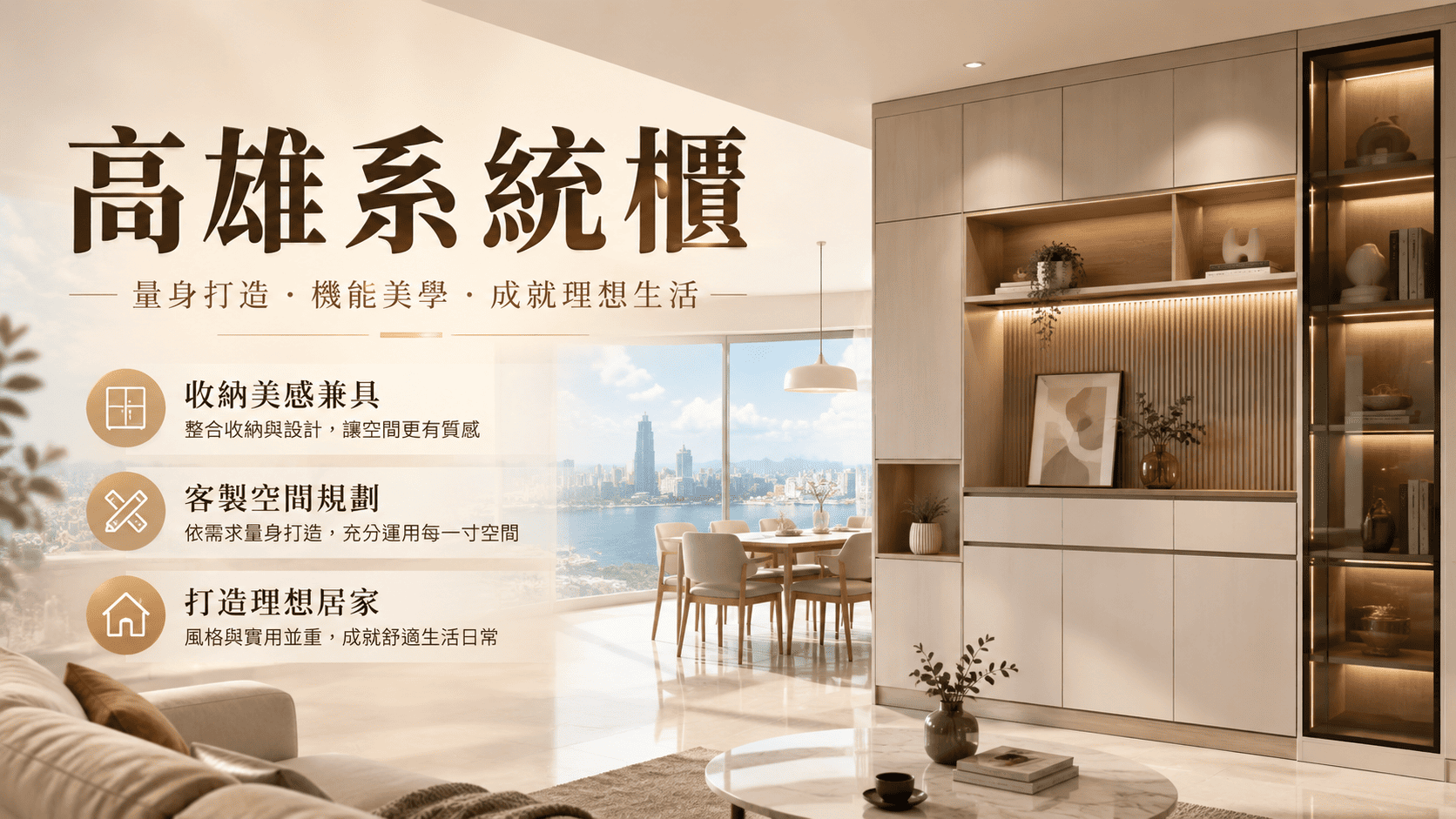 系統櫃能依照住宅格局與生活習慣,規劃玄關櫃、鞋櫃、電視櫃、衣櫃、書櫃、餐邊櫃及廚房收納