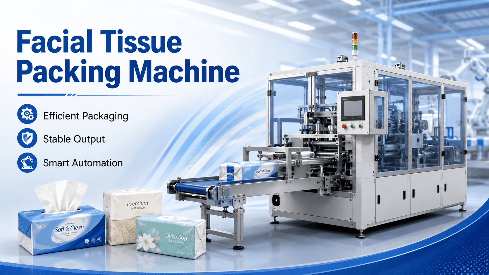 A facial tissue packing machine is used to wrap, seal, count, and prepare facial tissue products for retail or bulk packaging. It is commonly integrated with folding machines