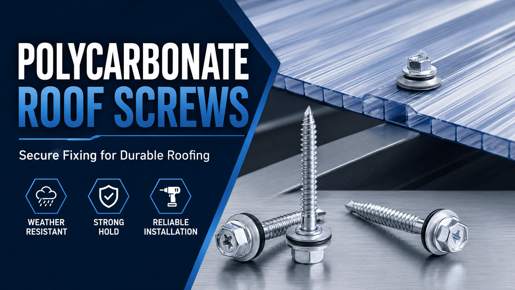 Polycarbonate roof screws are used to secure corrugated, multiwall, or solid polycarbonate sheets to steel, aluminum, or timber framing. Although the fastener may appear to be a small component, its material, washer design, drilling point