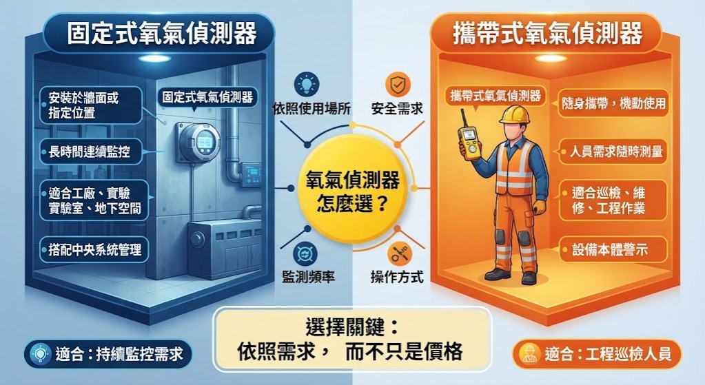 氧氣偵測器怎麼選?固定式 vs 攜帶式差異與適用情境比較
