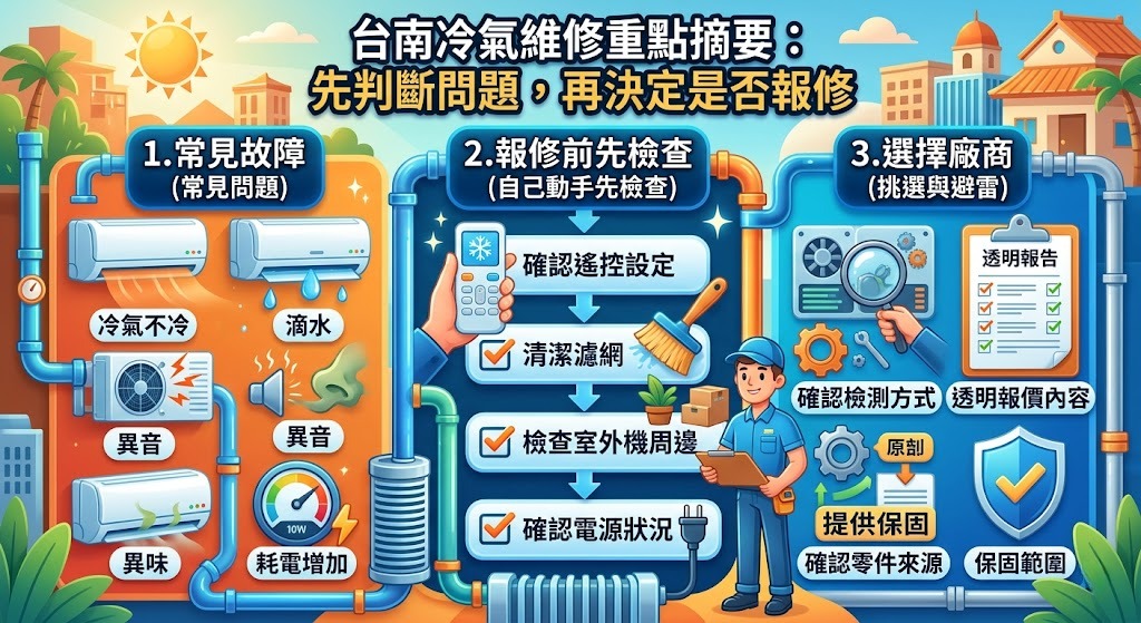 台南冷氣維修怎麼找？故障判斷、維修流程與避雷完整指南