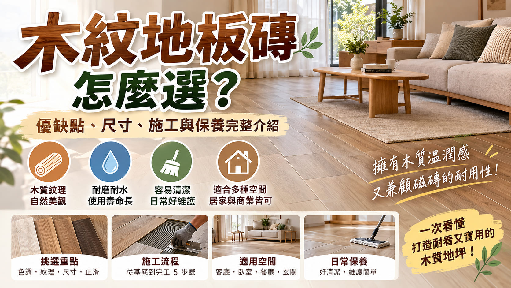 木紋地板磚怎麼選？優缺點、尺寸、施工與保養完整介紹